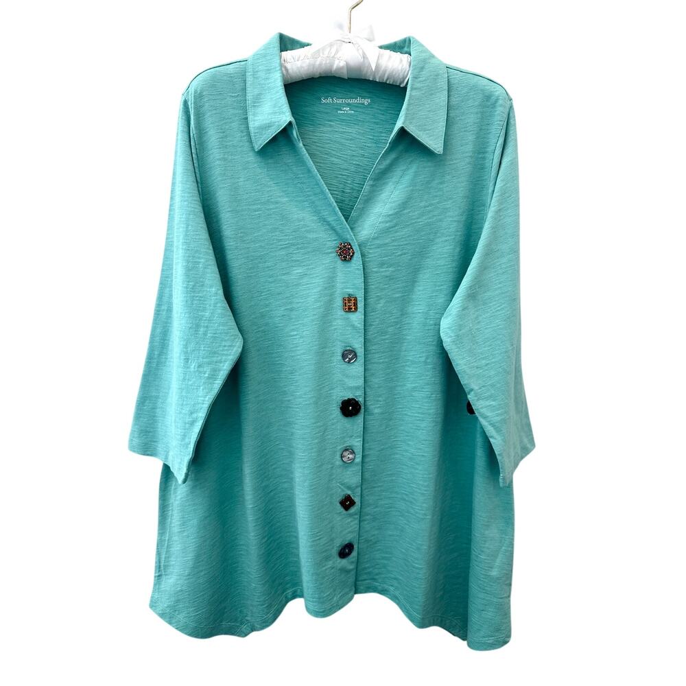 SOFT SURROUNDINGS Danielle Turquoise Blue Mixed Button Cotton Tunic Top Large